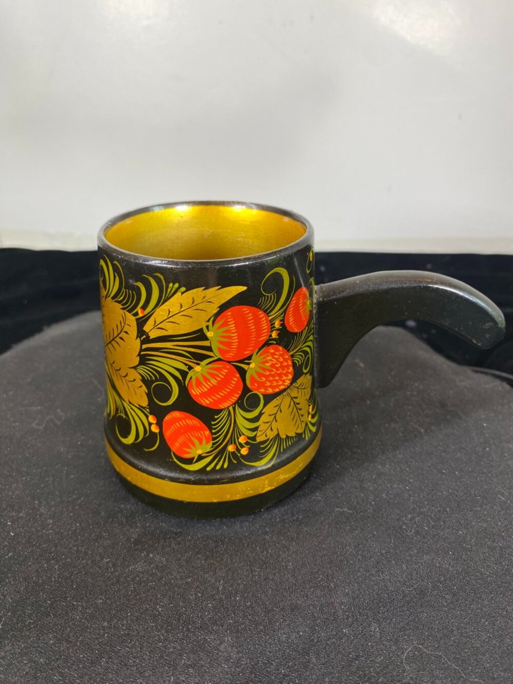 Russian Khokhloma (USSR) Painted Laquered Cup/Wooden Mug w/ Handle - Folk Art